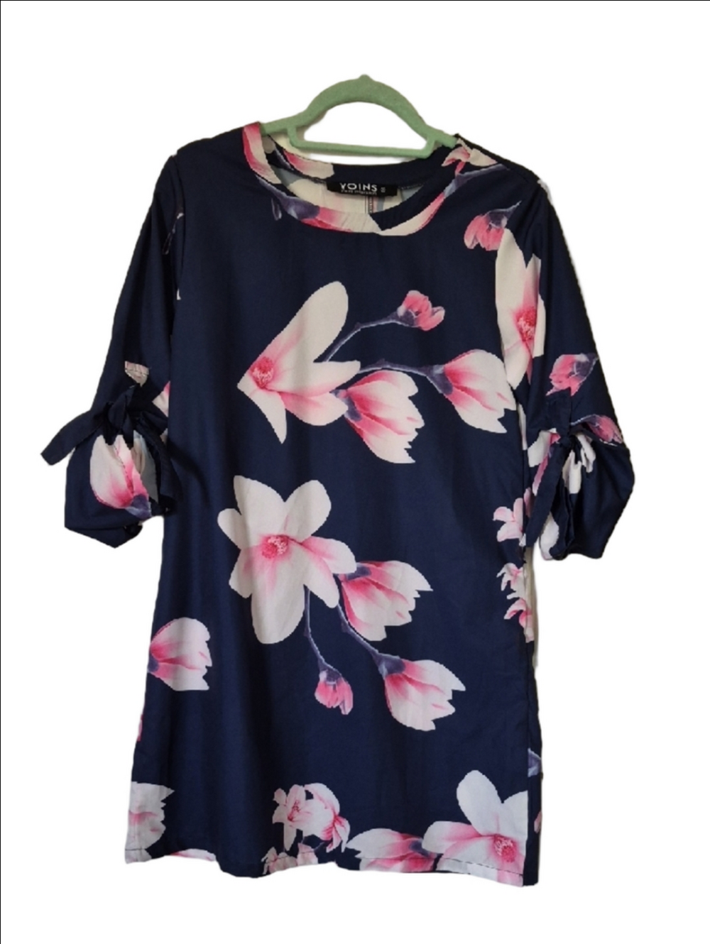 Navy Floral Scoop Neck Midi Mini Dress with Pink & White Lotus Flower Blooms S